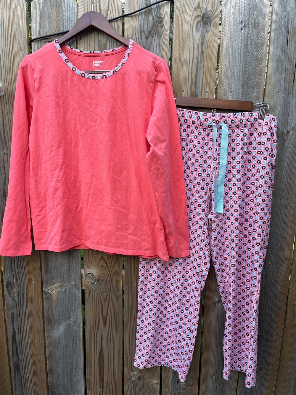Lands' End Coral Pink Long Sleeve Top with Printed Pants Pajama Set NWT Size L